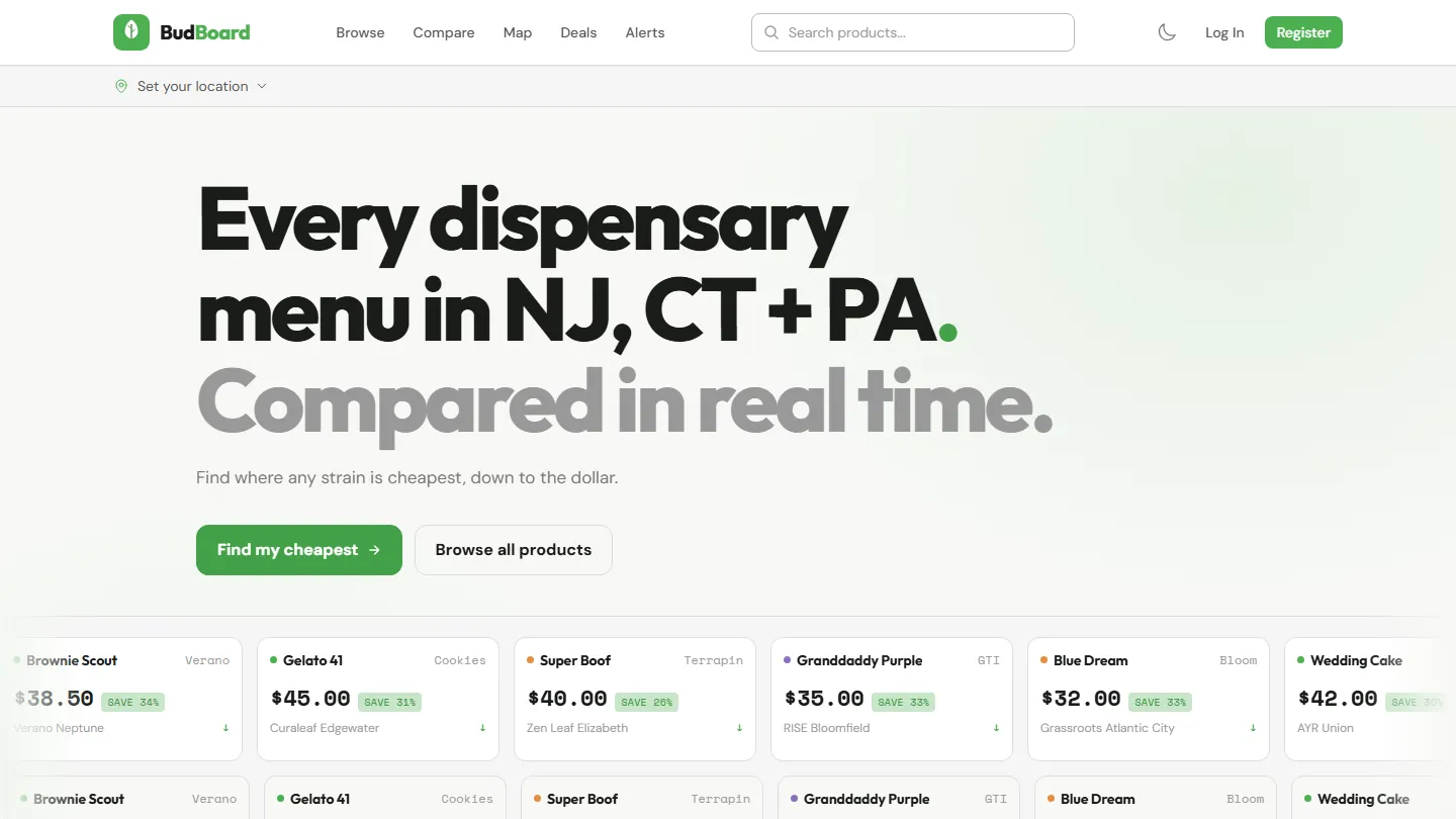 BudBoard home page with the headline "Every dispensary menu in NJ, CT + PA. Compared in real time."
