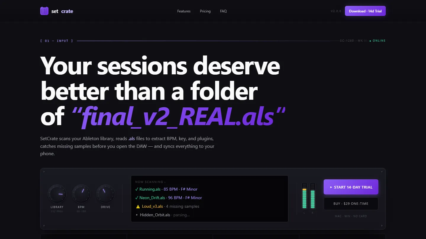 SetCrate home page with the headline "Your sessions deserve better than a folder of final_v2_REAL.als"